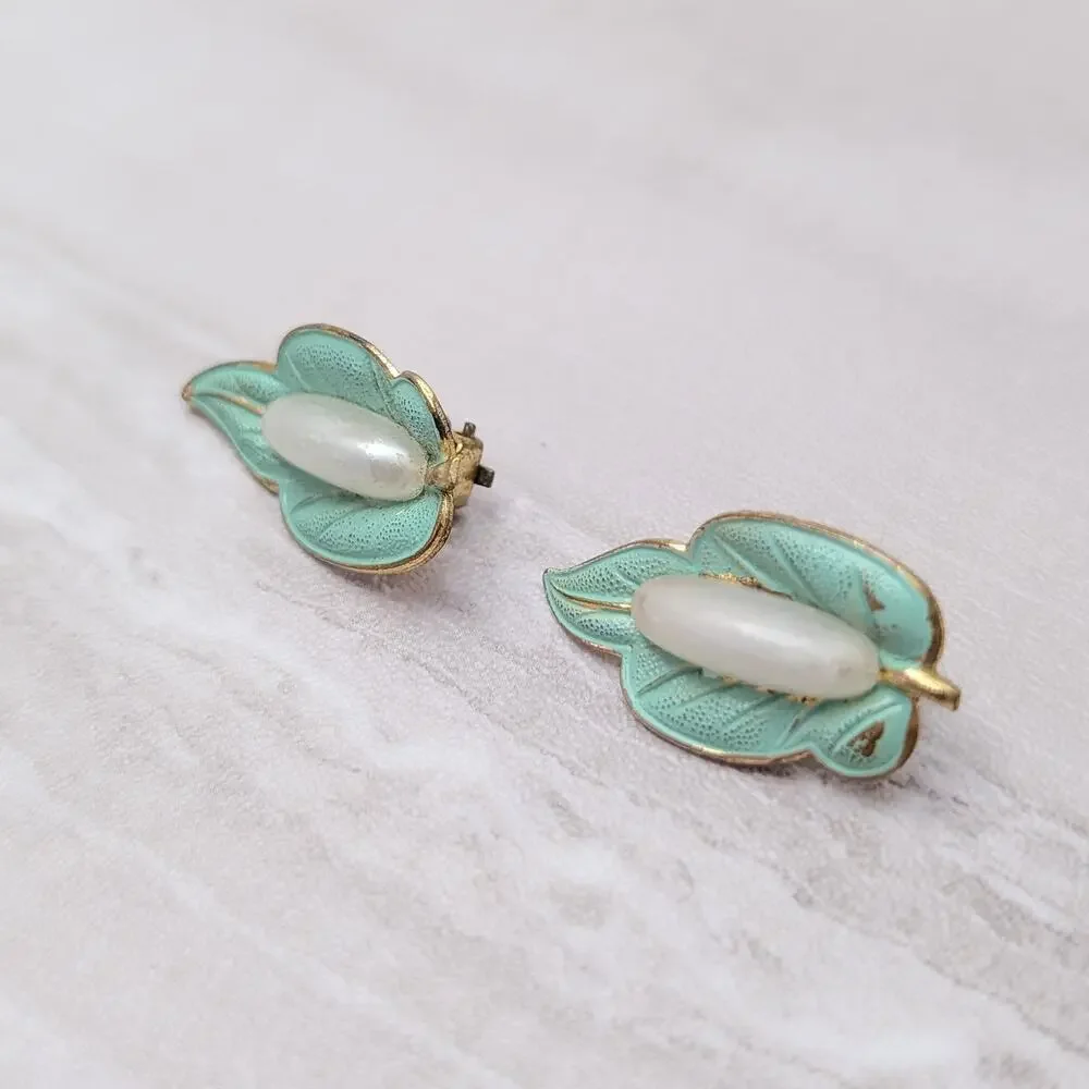 Vintage Clip On Earrings Light Green, Gold Tone, Faux Pearl - Condition Issues